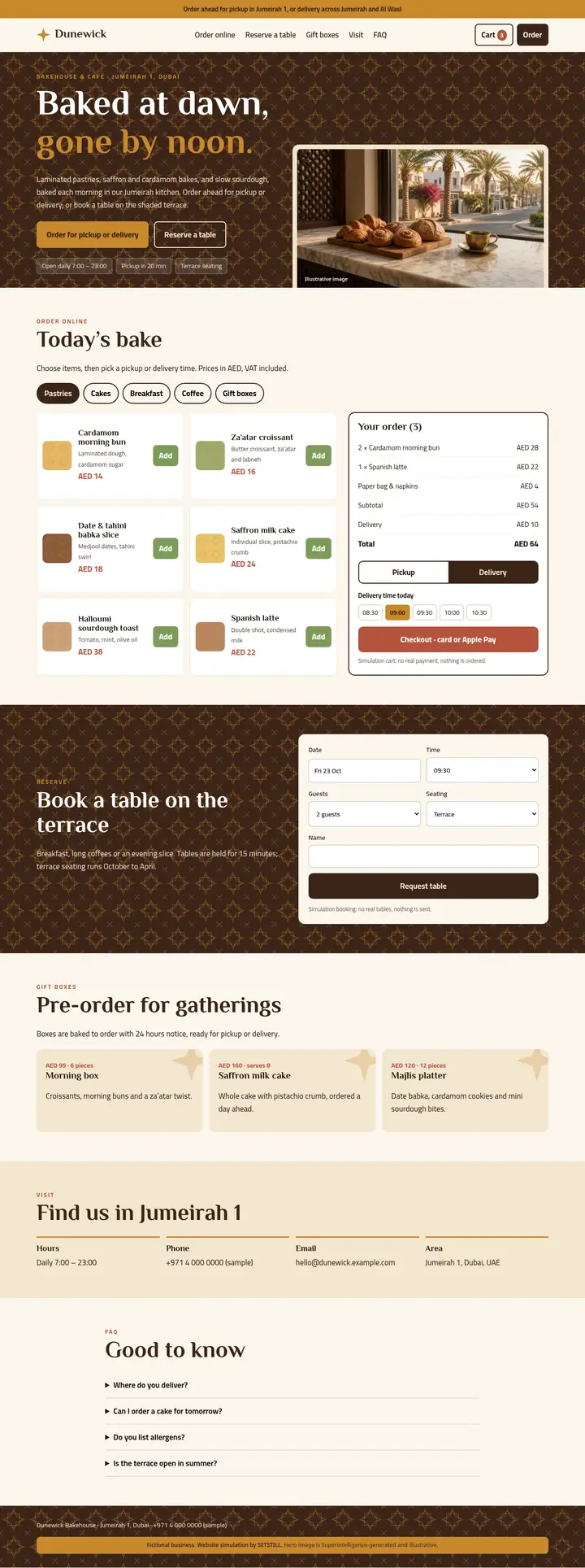 After: full-page screenshot of the fictional Dunewick Bakehouse website simulation