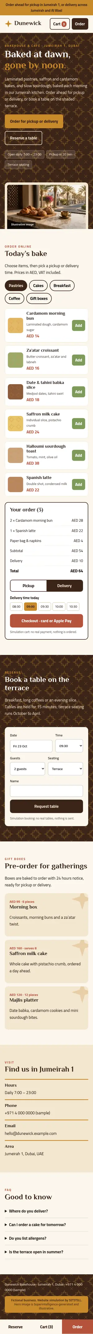 After, phone: full-page screenshot of the fictional Dunewick Bakehouse website simulation