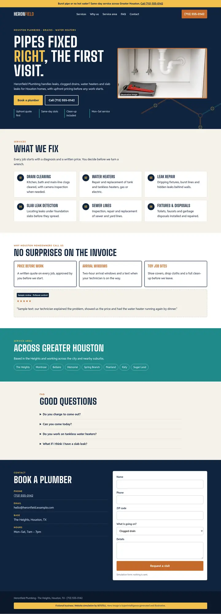 After: full-page screenshot of the fictional Heronfield Plumbing website simulation