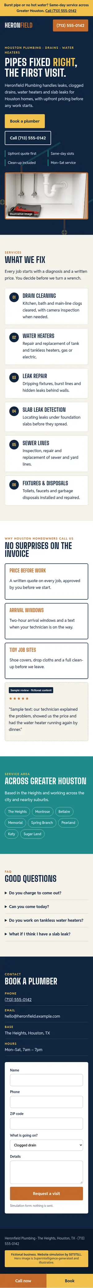 After, phone: full-page screenshot of the fictional Heronfield Plumbing website simulation