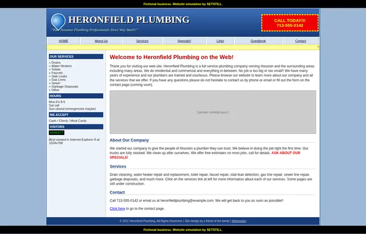 Before: full-page screenshot of the fictional Heronfield Plumbing website simulation