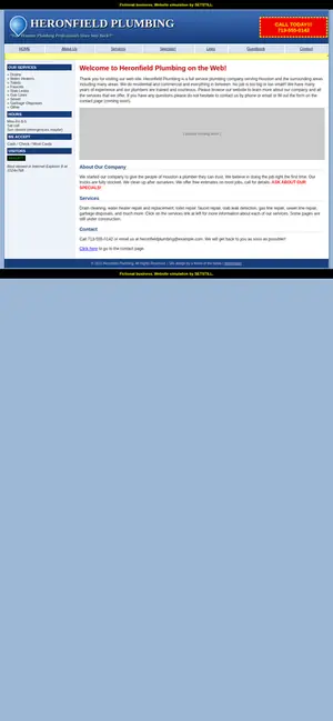 Before, phone: full-page screenshot of the fictional Heronfield Plumbing website simulation
