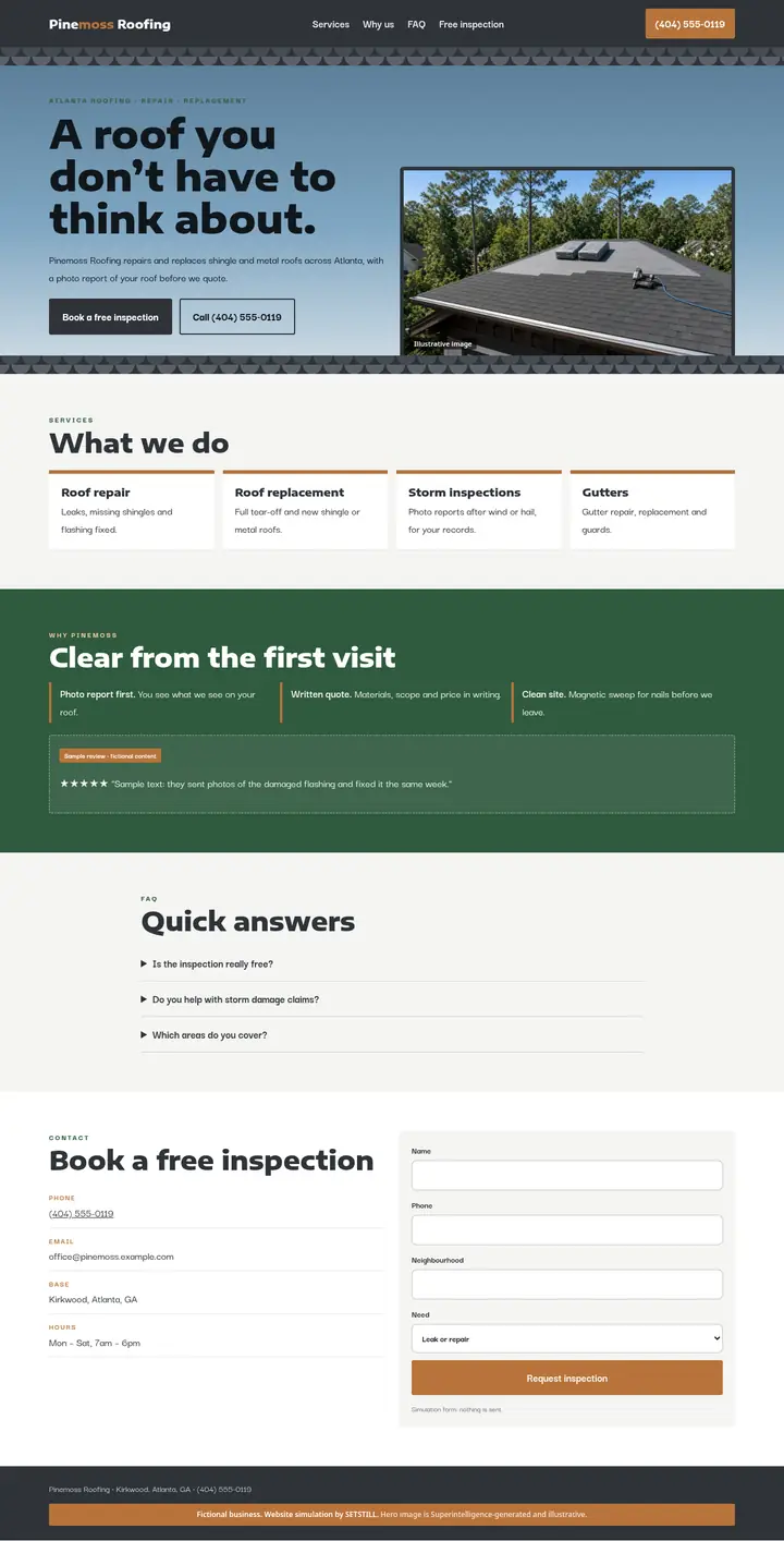 After: full-page screenshot of the fictional Pinemoss Roofing website simulation