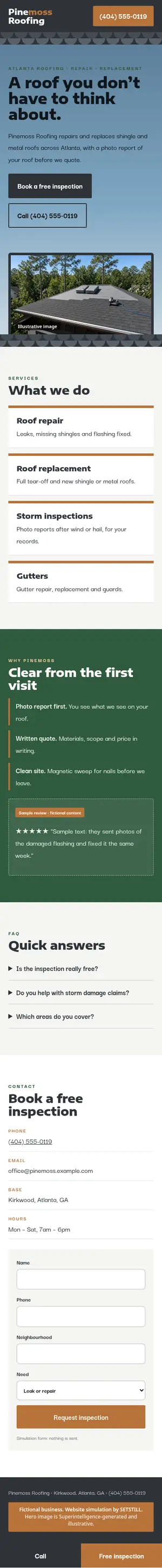 After, phone: full-page screenshot of the fictional Pinemoss Roofing website simulation