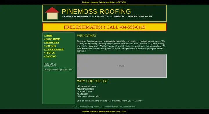Before: full-page screenshot of the fictional Pinemoss Roofing website simulation