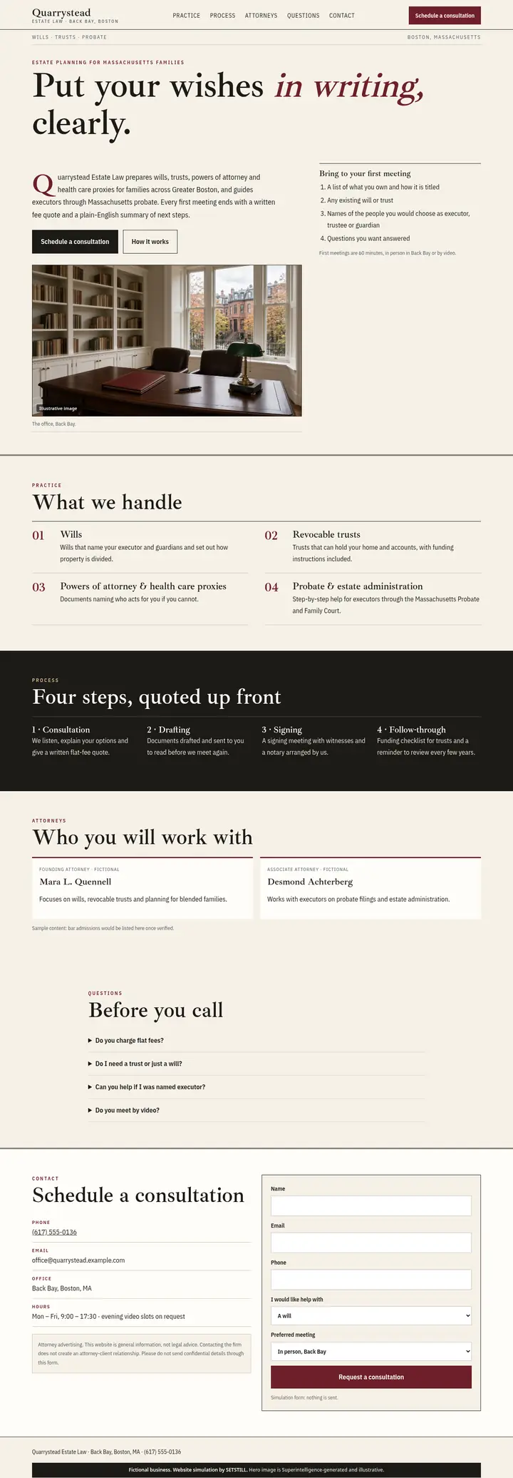 After: full-page screenshot of the fictional Quarrystead Estate Law website simulation