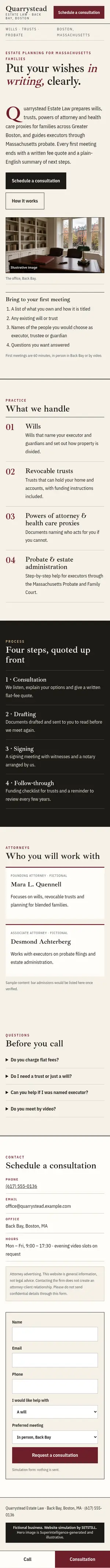 After, phone: full-page screenshot of the fictional Quarrystead Estate Law website simulation