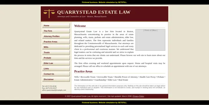 Before: full-page screenshot of the fictional Quarrystead Estate Law website simulation