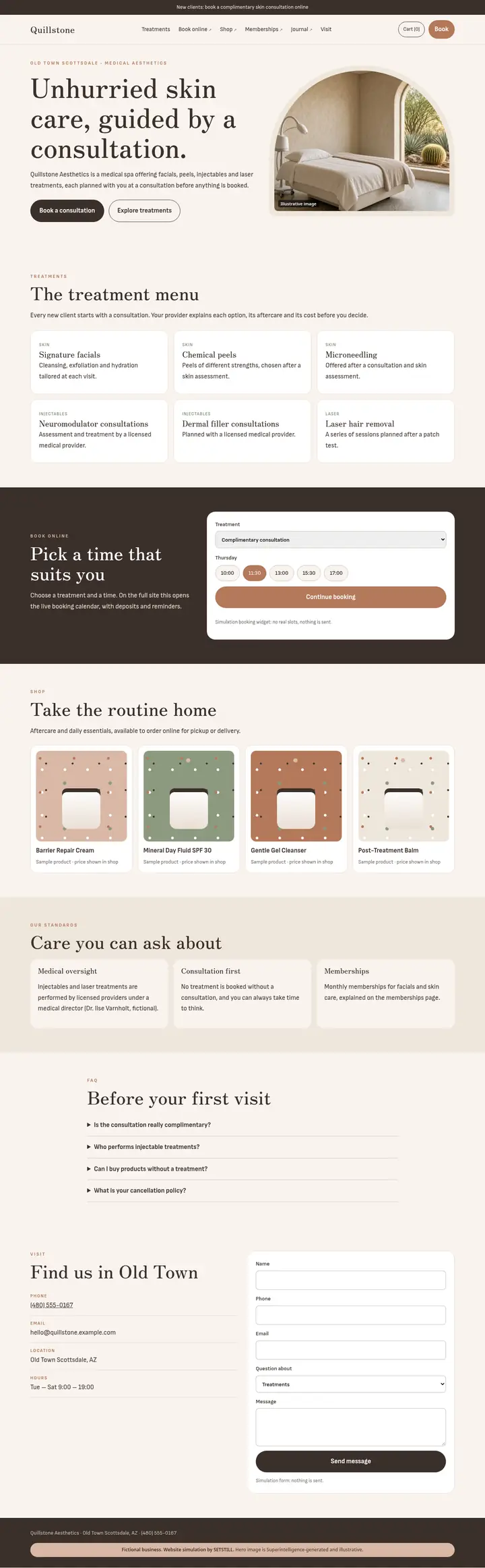 After: full-page screenshot of the fictional Quillstone Aesthetics website simulation