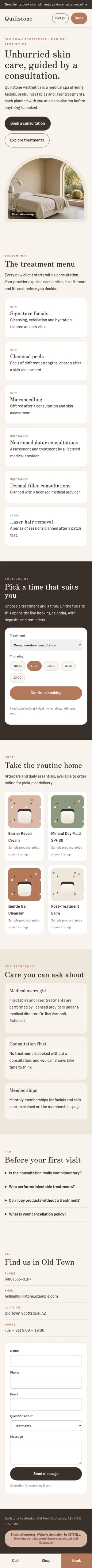 After, phone: full-page screenshot of the fictional Quillstone Aesthetics website simulation