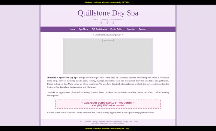 Before: full-page screenshot of the fictional Quillstone Aesthetics website simulation