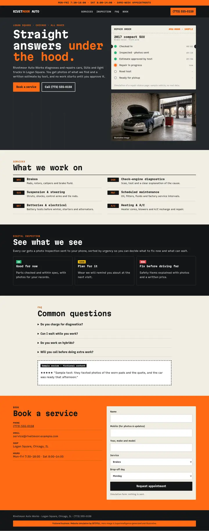 After: full-page screenshot of the fictional Rivetmoor Auto Works website simulation