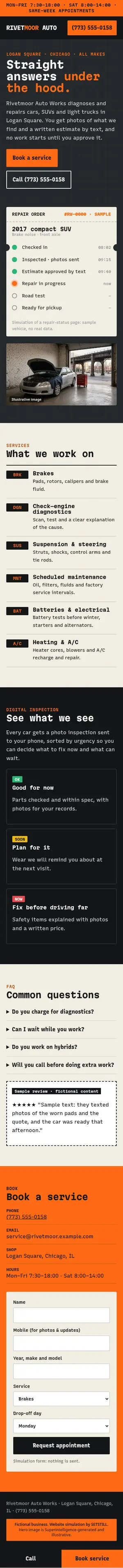 After, phone: full-page screenshot of the fictional Rivetmoor Auto Works website simulation
