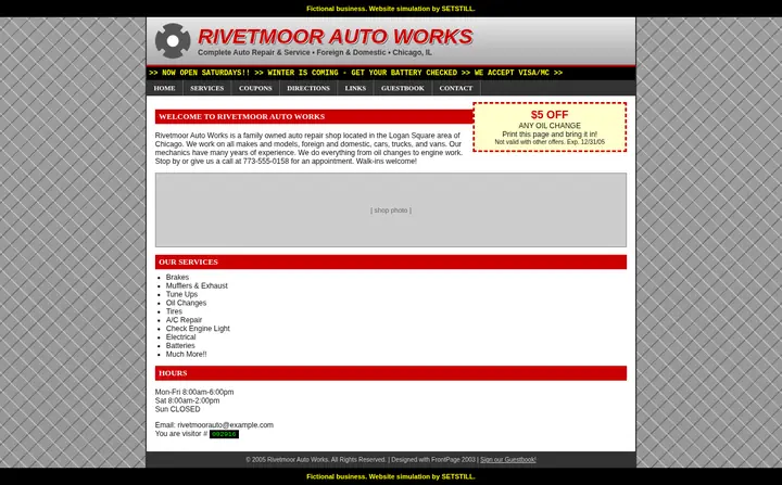 Before: full-page screenshot of the fictional Rivetmoor Auto Works website simulation