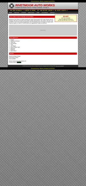 Before, phone: full-page screenshot of the fictional Rivetmoor Auto Works website simulation