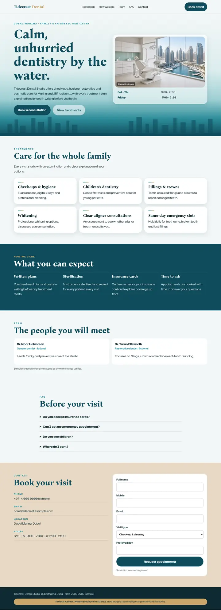 After: full-page screenshot of the fictional Tidecrest Dental Studio website simulation