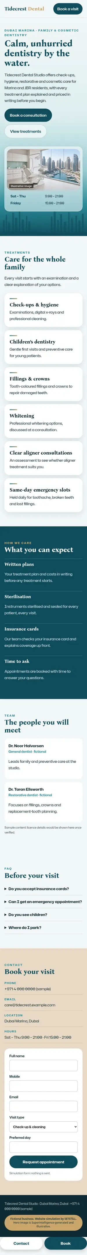 After, phone: full-page screenshot of the fictional Tidecrest Dental Studio website simulation