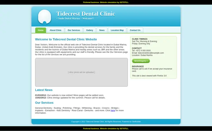 Before: full-page screenshot of the fictional Tidecrest Dental Studio website simulation