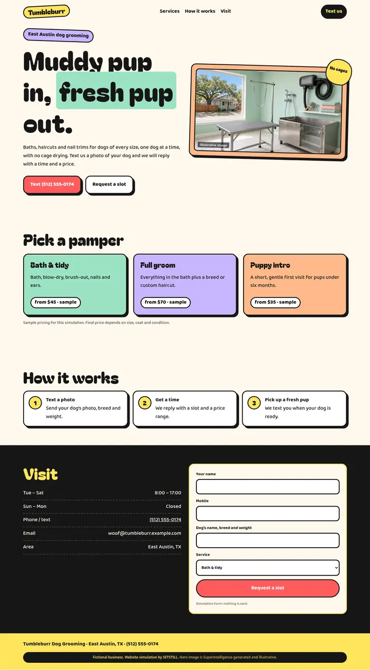 After: full-page screenshot of the fictional Tumbleburr Dog Grooming website simulation