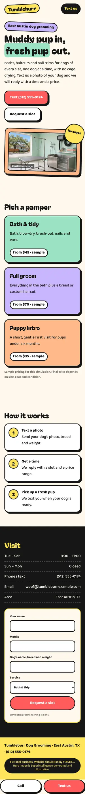 After, phone: full-page screenshot of the fictional Tumbleburr Dog Grooming website simulation