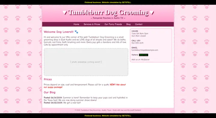 Before: full-page screenshot of the fictional Tumbleburr Dog Grooming website simulation