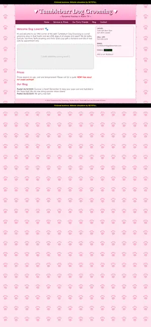 Before, phone: full-page screenshot of the fictional Tumbleburr Dog Grooming website simulation