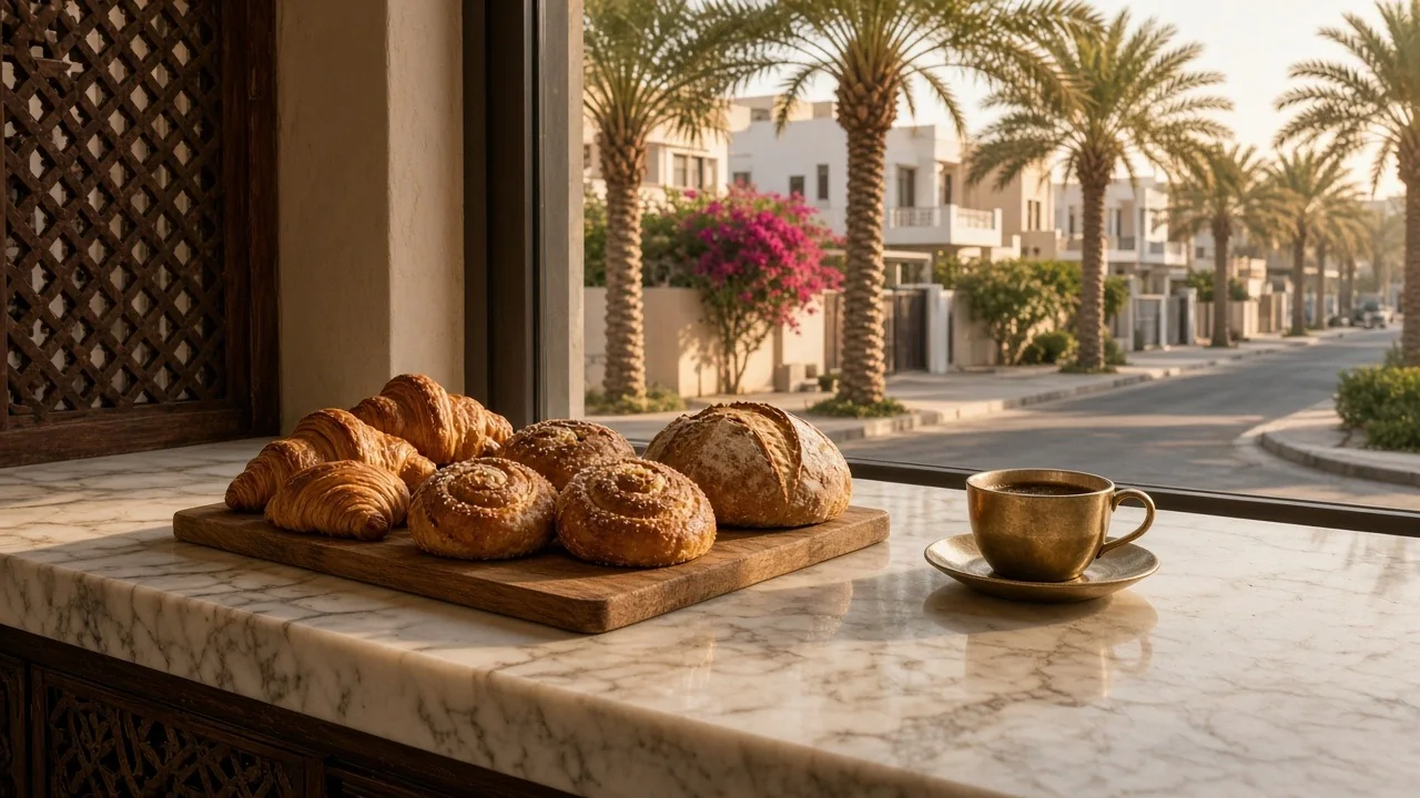 Illustrative image: croissants, cardamom buns and a sourdough loaf on a wooden board on a marble café counter, a brass cup and saucer, a carved lattice screen on the left, and palm trees, white villas and bougainvillea through the window in Jumeirah