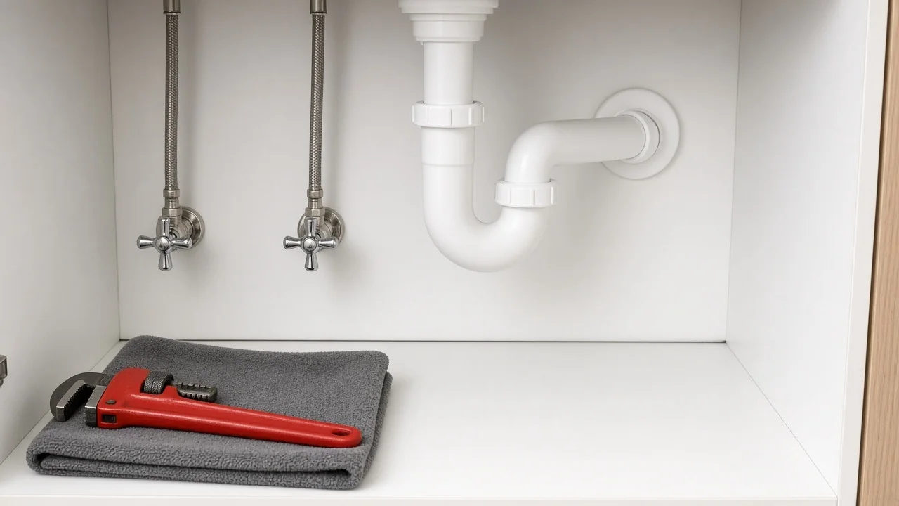 Illustrative image: inside a white kitchen sink cabinet with two chrome stop valves and braided supply hoses, a white PVC P-trap into the wall drain, and a red pipe wrench on a grey towel