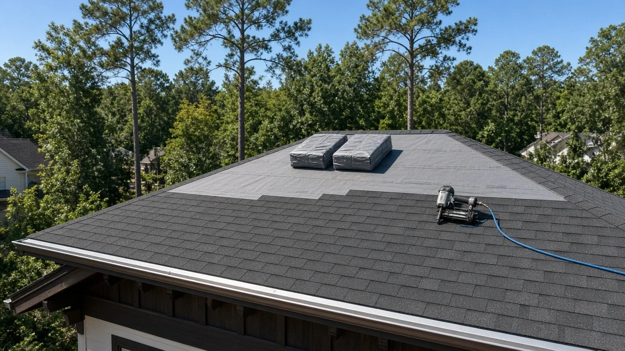 Illustrative image: Atlanta hip roof mid-replacement with grey underlayment above new charcoal shingles, two wrapped shingle bundles, a roofing nailer with a blue hose and tall pines behind