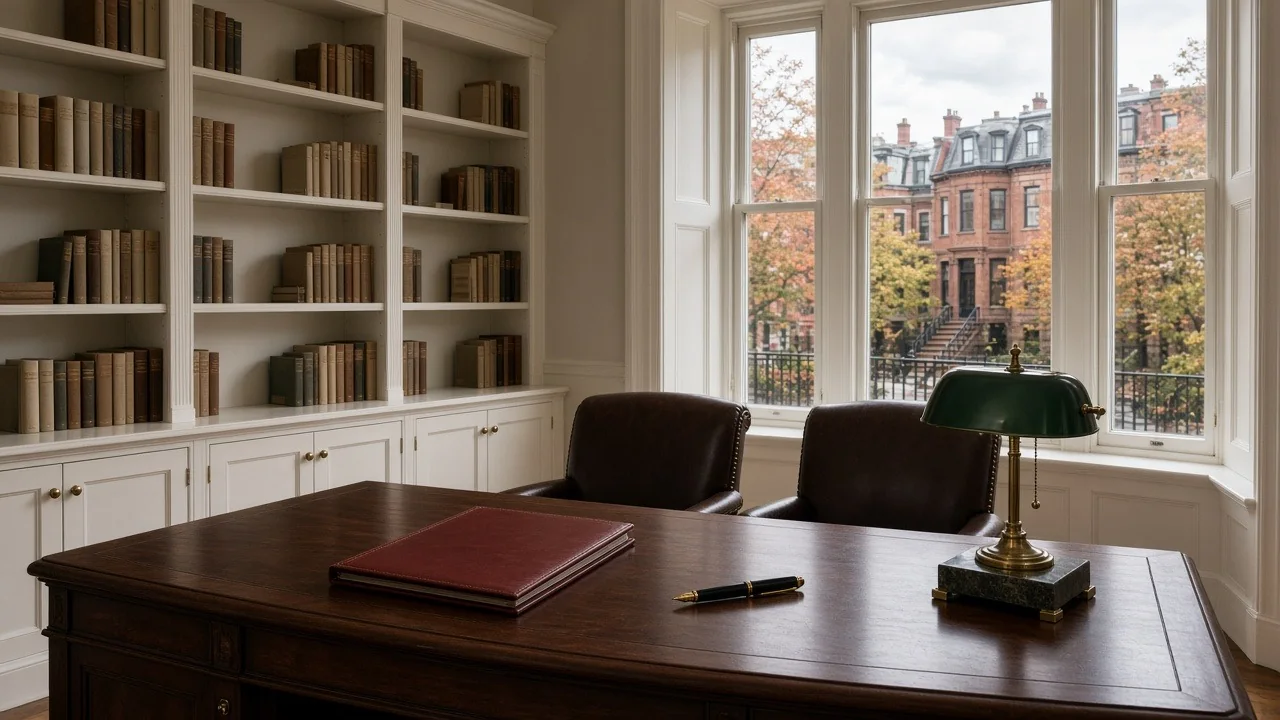Illustrative image: walnut desk in a Back Bay brownstone office with a fountain pen, a closed leather folder and a brass lamp, with brownstones and autumn trees through the bay window