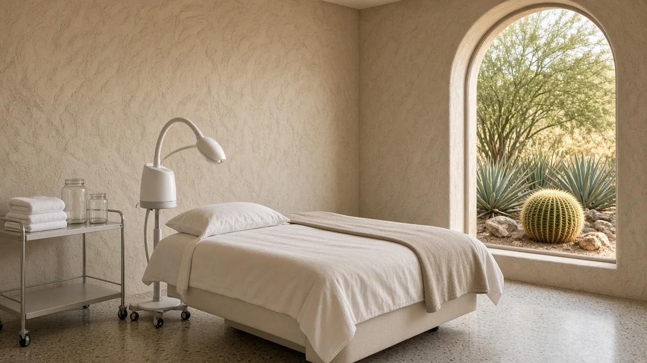 Illustrative image: calm Scottsdale med spa treatment room with a single treatment bed, a white arm-style facial steamer on a rolling stand and an arched window onto a barrel cactus, agave and palo verde
