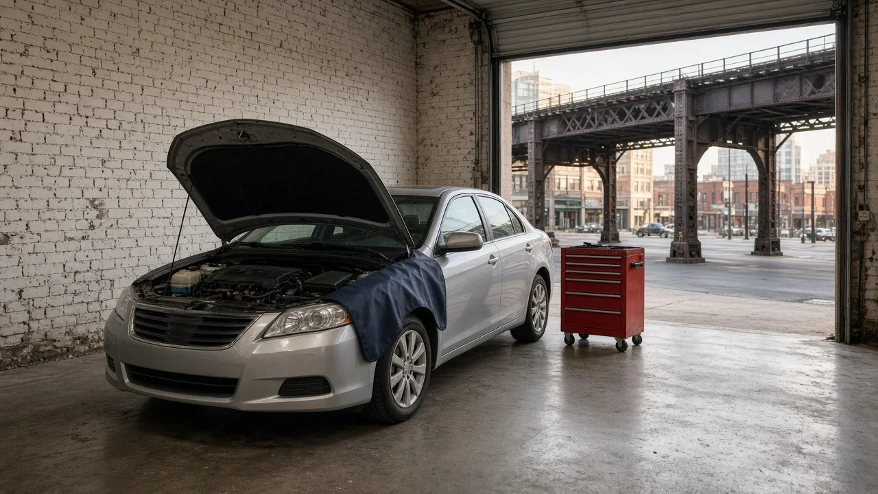Illustrative image: silver sedan with its hood up in a white-brick Chicago repair bay, a navy fender cover over the wing, a red tool chest by the open garage door and an elevated train track outside