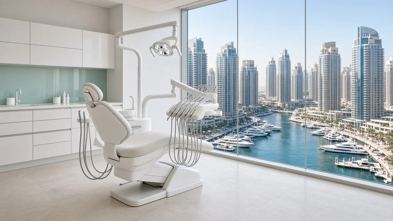 Illustrative image: bright dental treatment room in a Dubai Marina tower with a single dental chair and a floor-to-ceiling window over the marina and yachts
