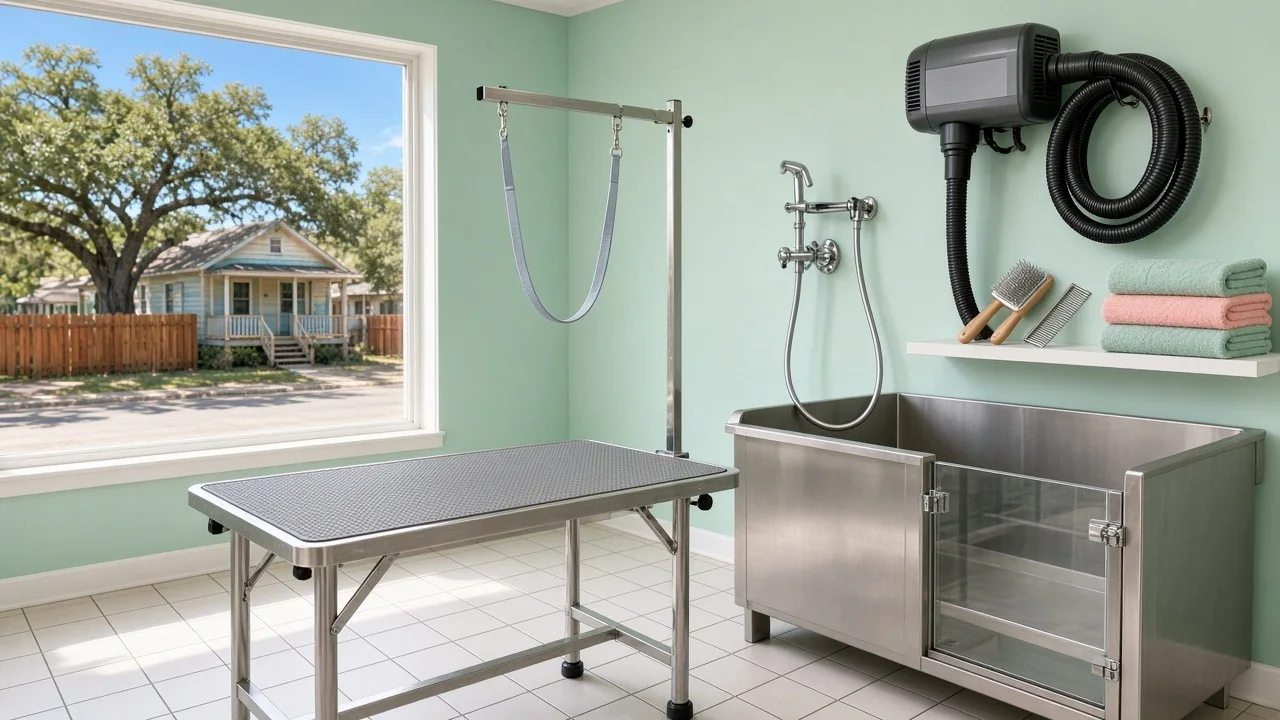 Illustrative image: empty dog grooming room in an East Austin shop with a stainless grooming table and arm, a stainless tub with a glass front door, a wall-mounted dryer, brushes and pastel towels, and a live oak, a bungalow and a cedar fence through the window